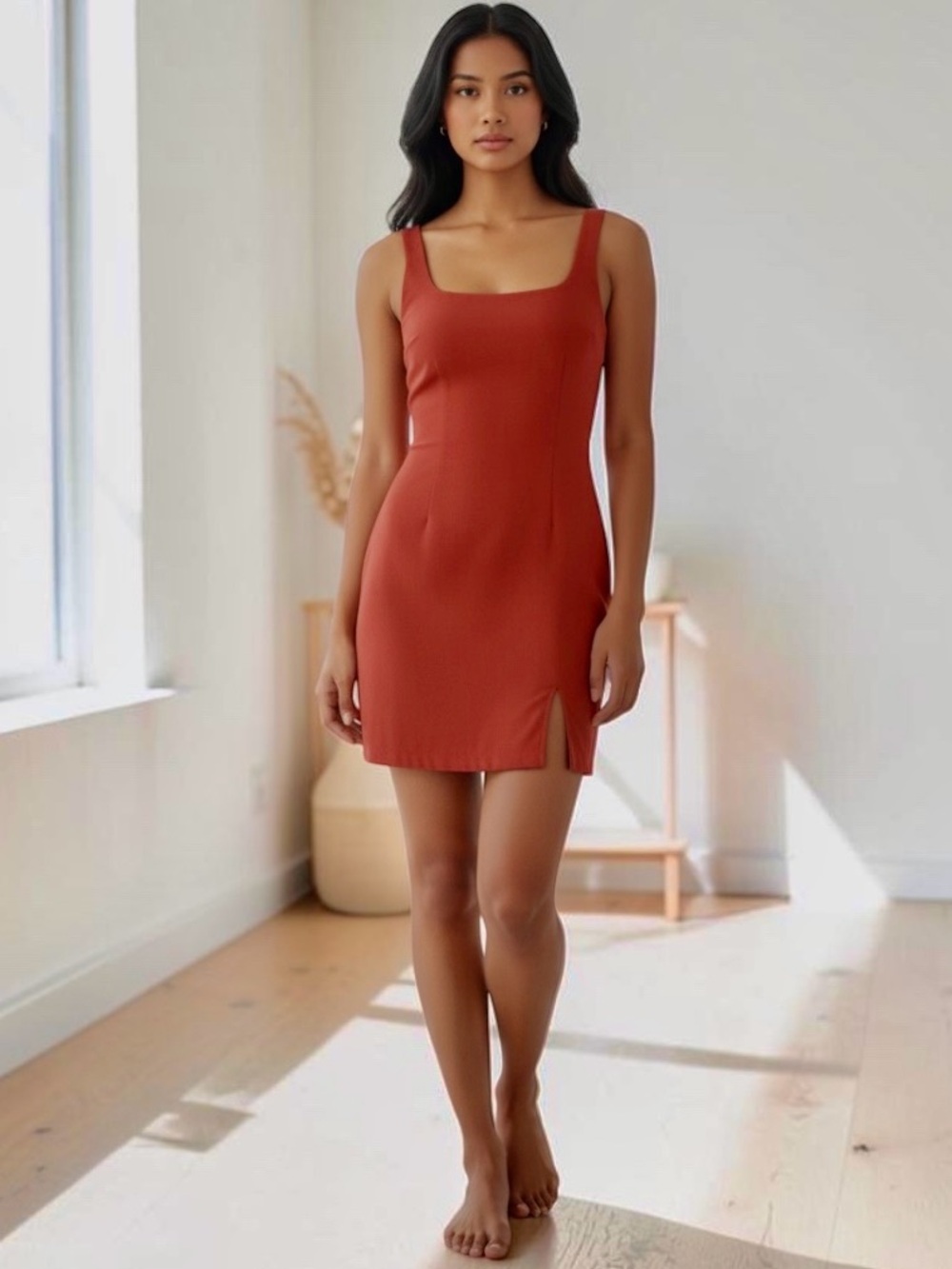 ABERCROMBIE 90’s Mini Dress in Burnt Orange Lightweight Summer Dress Back Tie XS